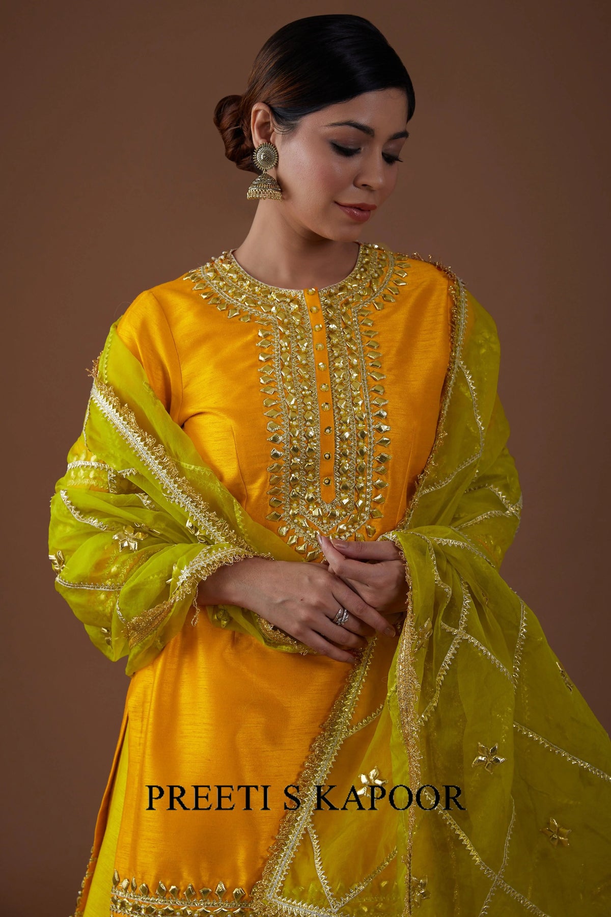 Amber glow hued dupion silk Kurta sharara set - Preeti S Kapoor