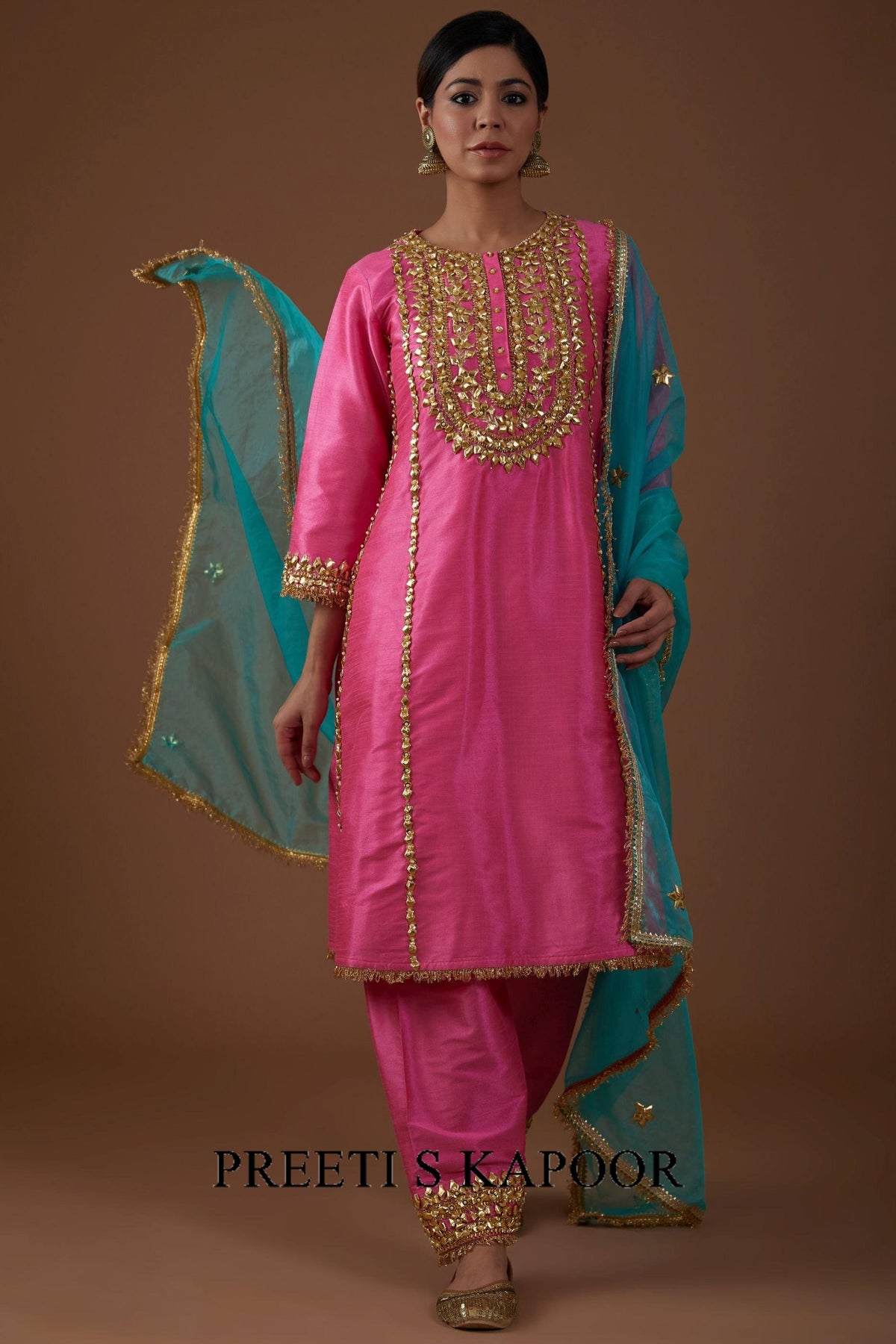 Electric Pink hued dupion silk Aline Kurta set