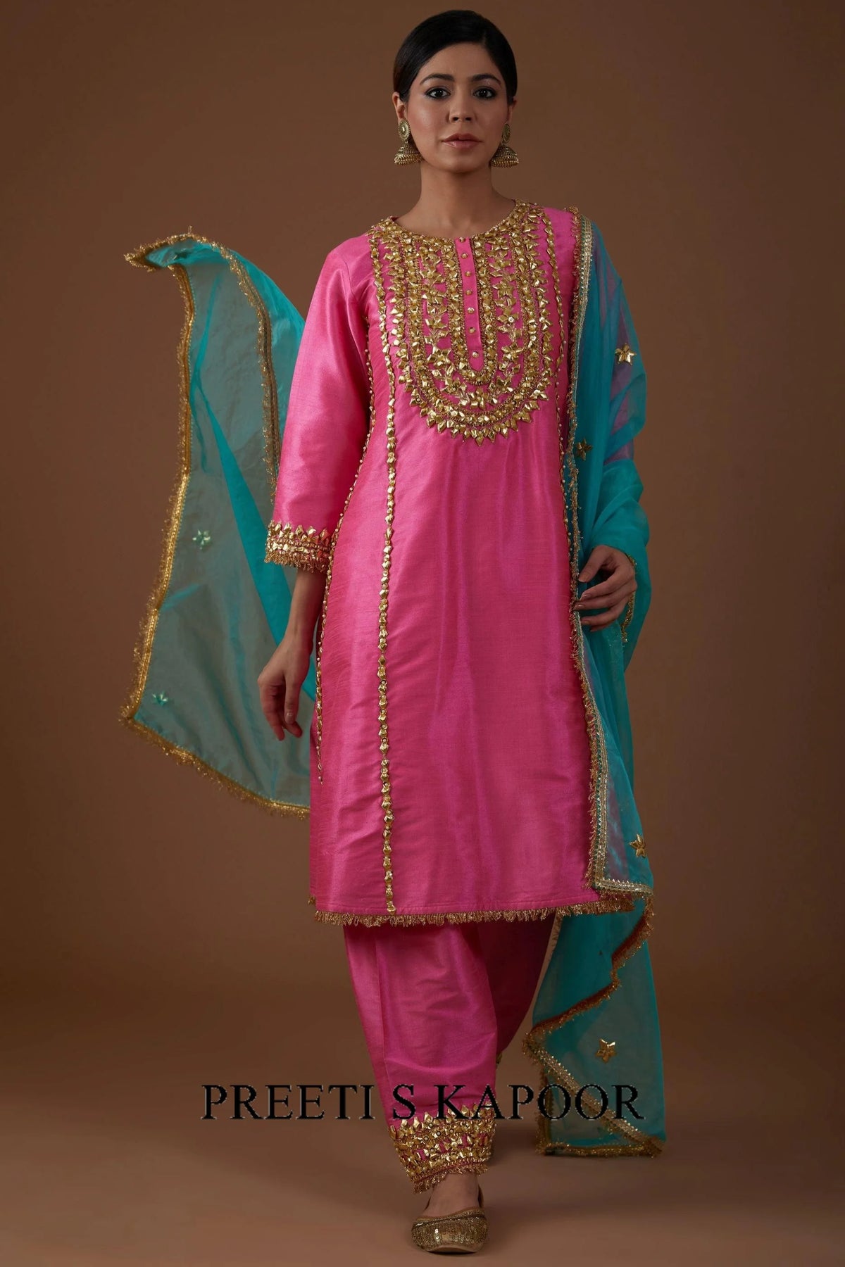 Electric Pink hued dupion silk A-line Kurta set - Preeti S Kapoor
