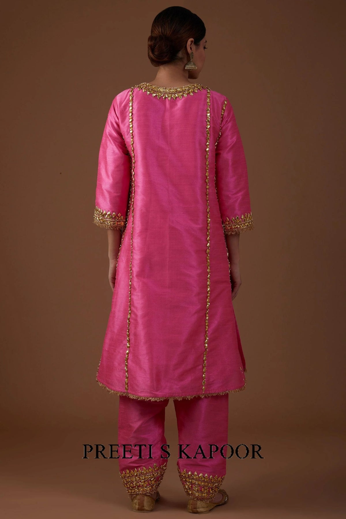Electric Pink hued dupion silk A-line Kurta set - Preeti S Kapoor
