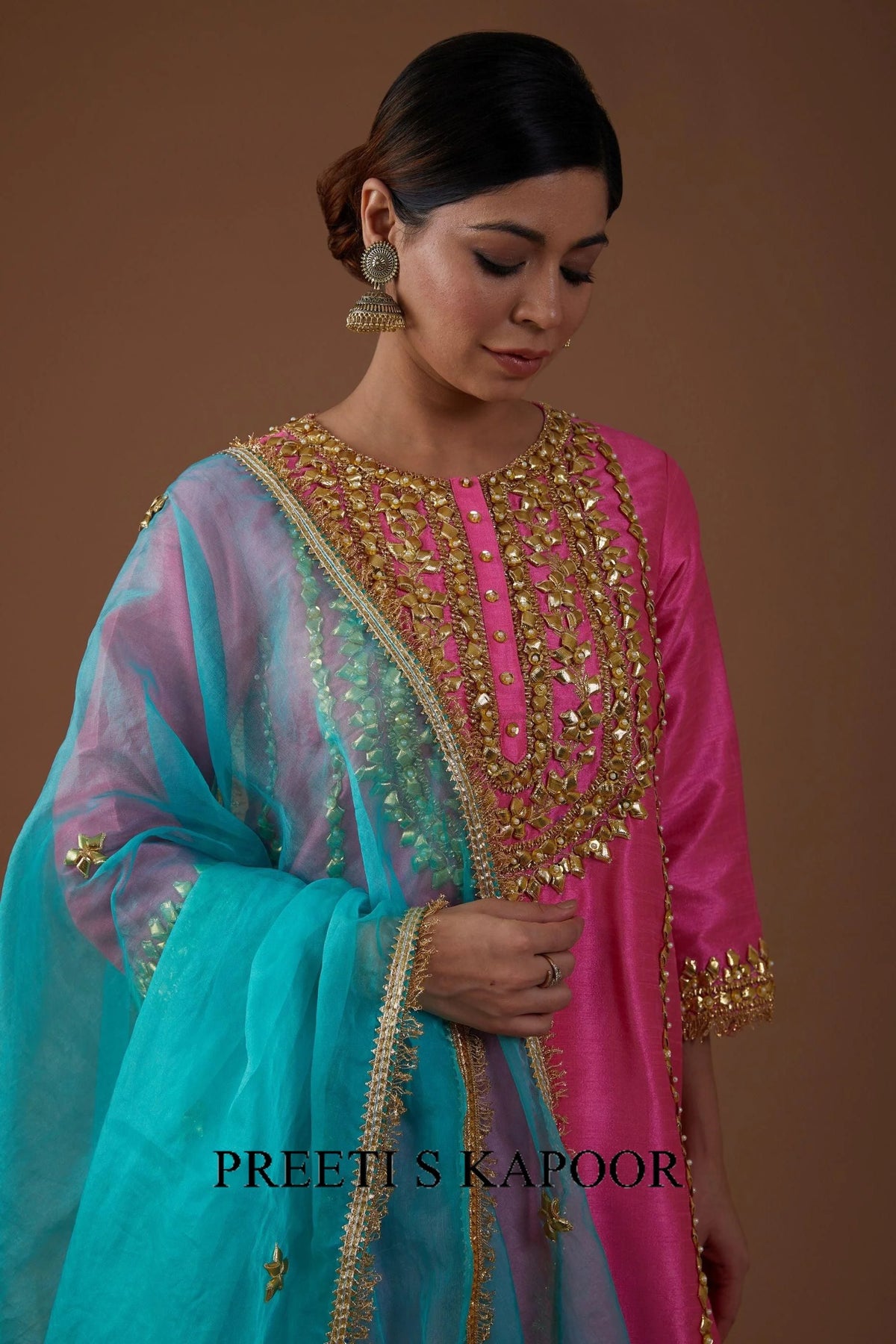 Electric Pink hued dupion silk A-line Kurta set - Preeti S Kapoor