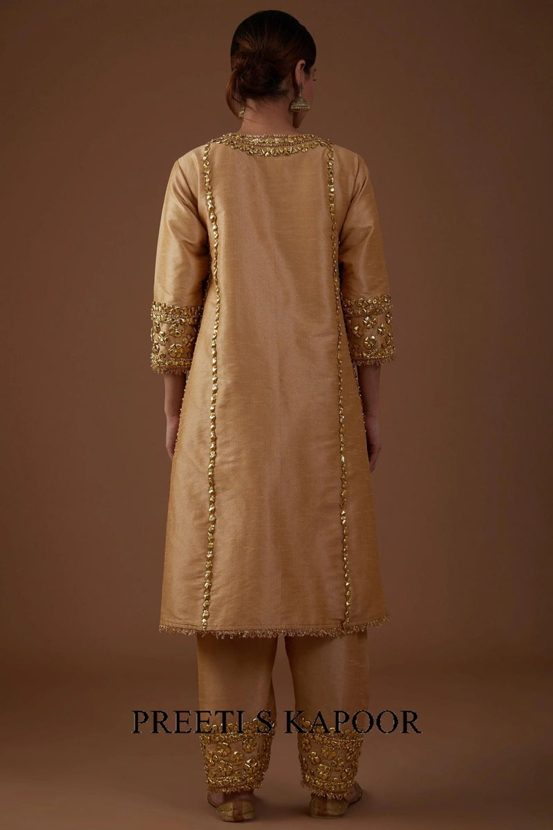 Desert sand hued dupion silk A-line Kurta set - Preeti S Kapoor