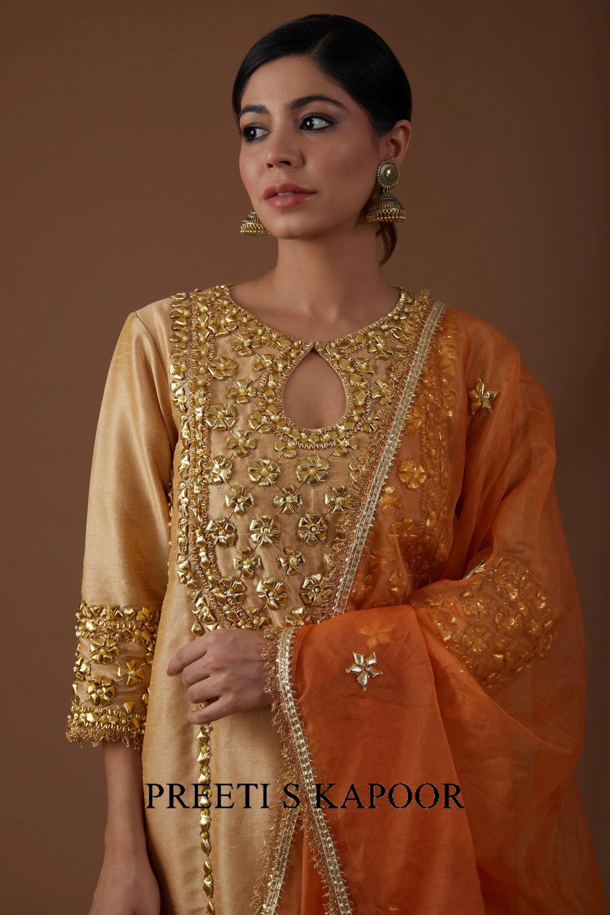 Desert sand hued dupion silk A-line Kurta set - Preeti S Kapoor