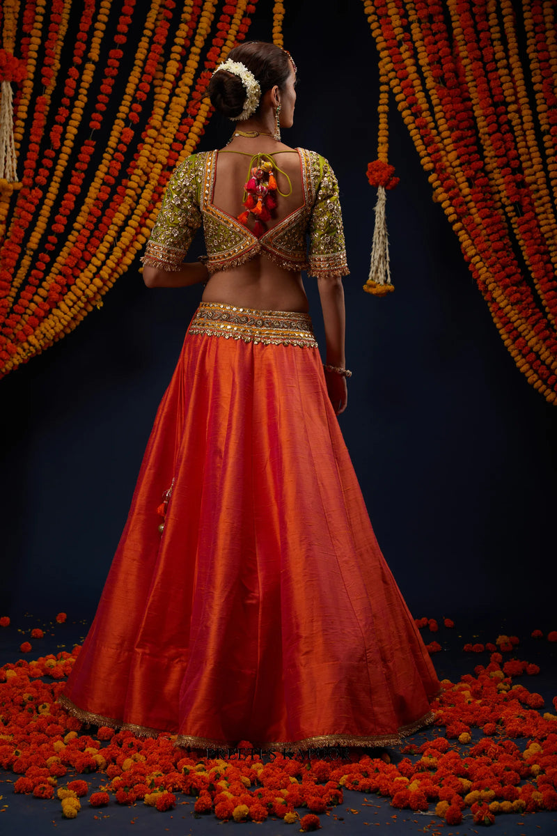 Rust Orange raw silk lehenga blouse back view with tasseled tie-up – Preeti S Kapoor