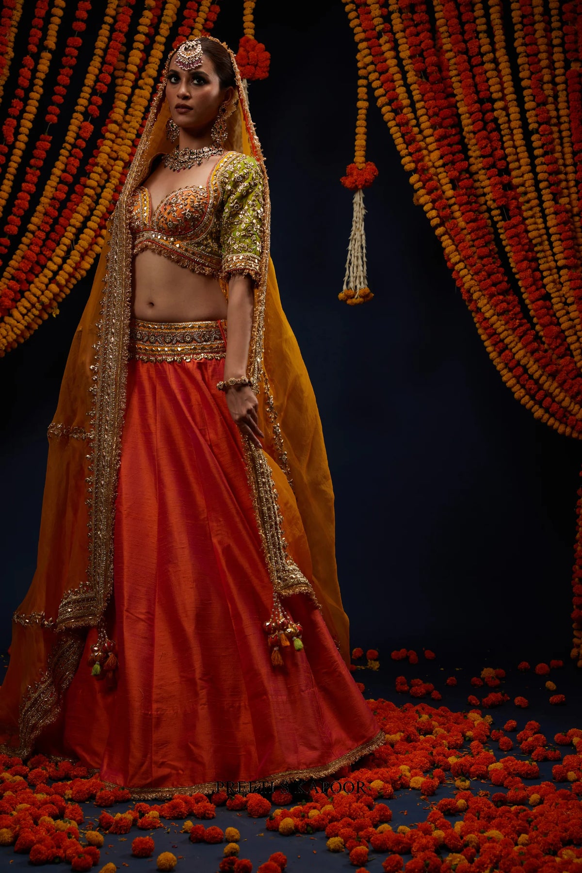 Rust Orange raw silk lehenga with Olive Green Gota Patti blouse – Preeti S Kapoor
