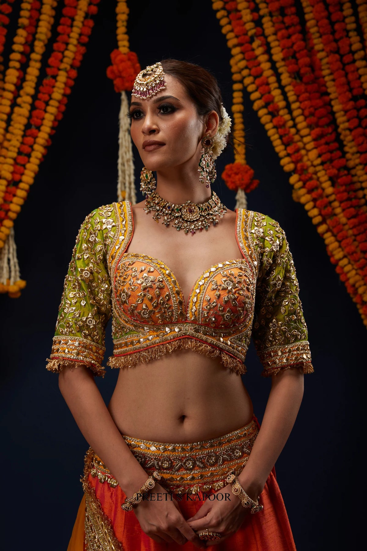 Close-up of Olive Green and Orange Gota Patti embroidered blouse – Preeti S Kapoor