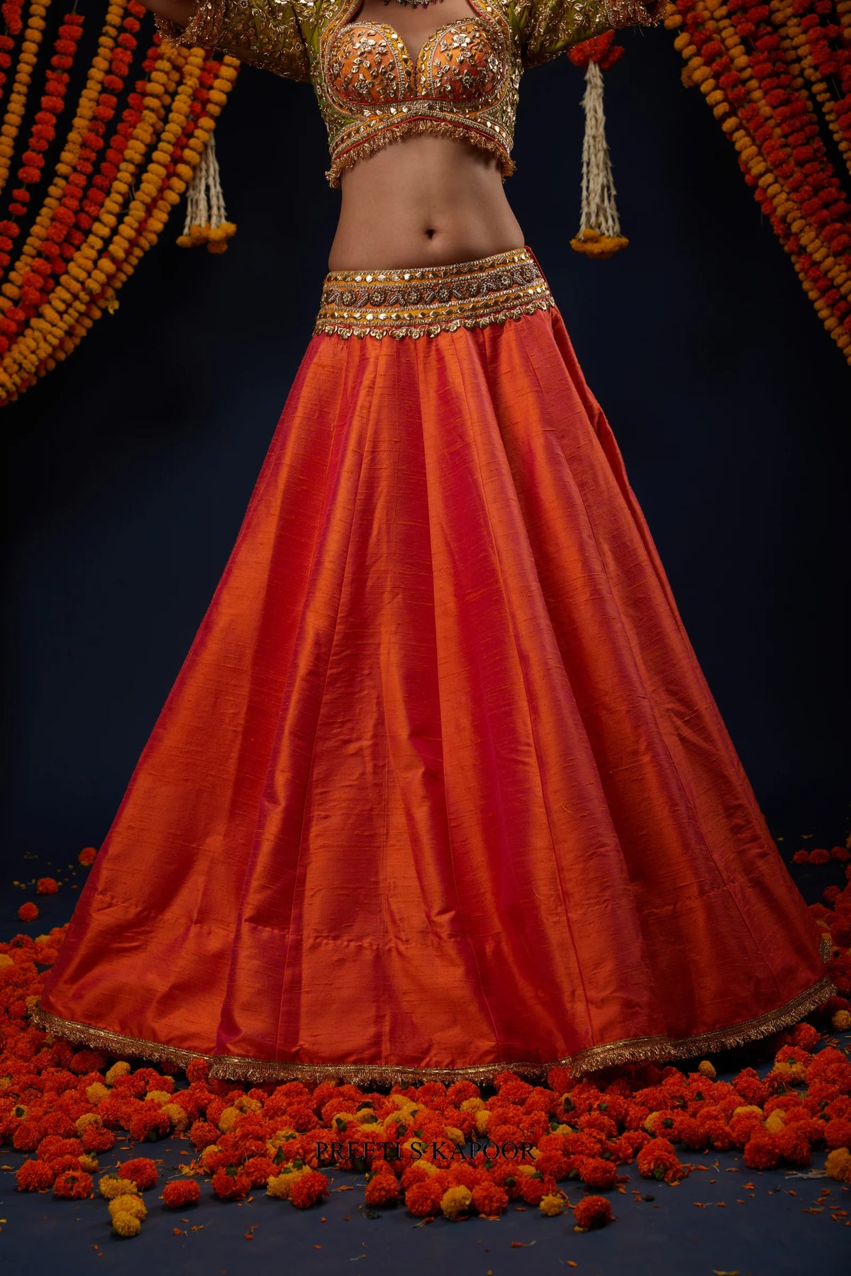 Close-up of Rust Orange raw silk lehenga with embroidered waistband – Preeti S Kapoor