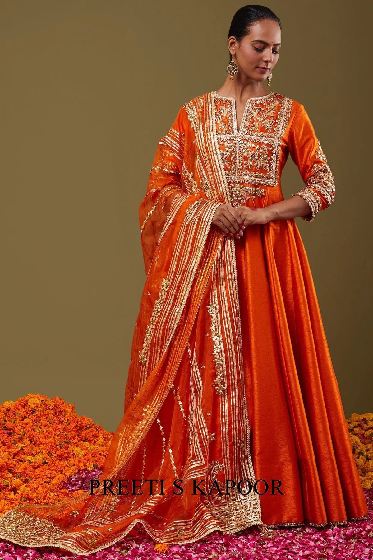 Orange Gota Work Embroidered Anarkali Set - Preeti S Kapoor