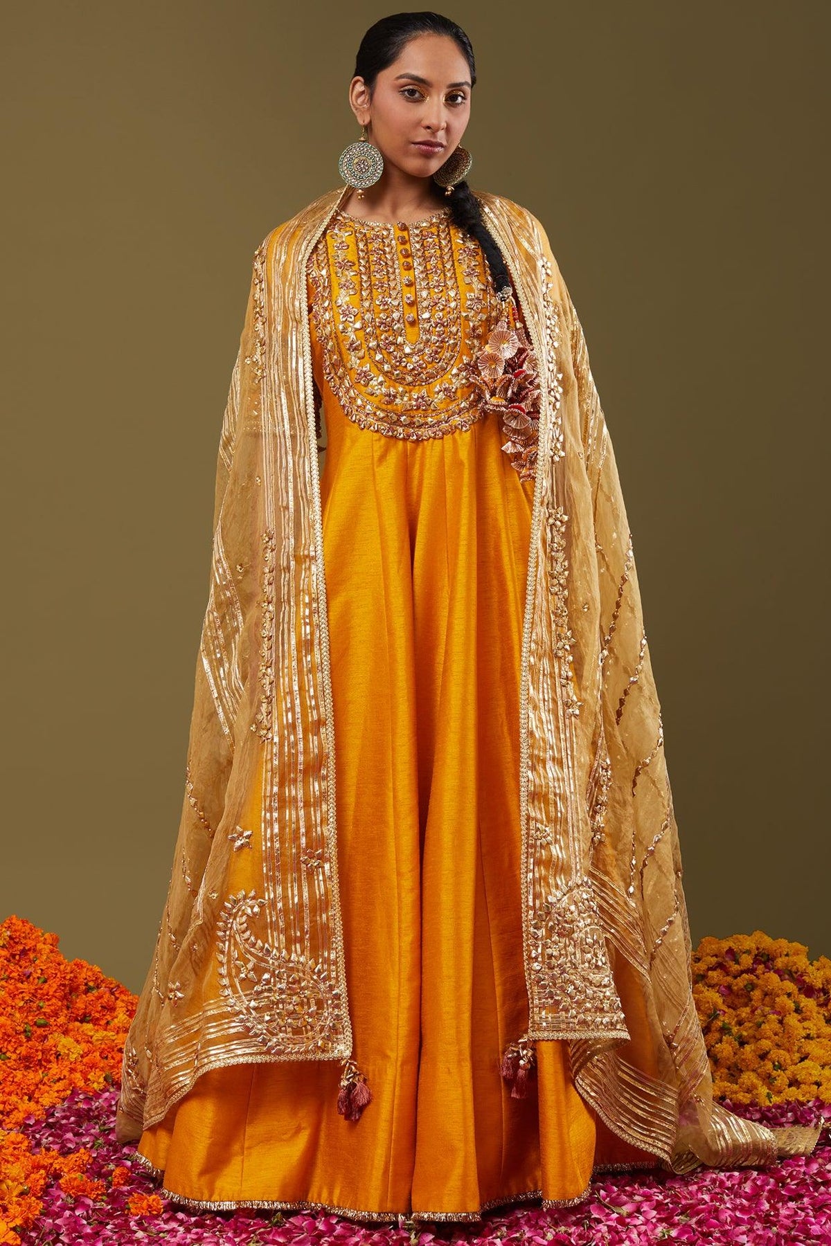 Mustard Yellow Gota Work Embroidered Anarkali Set - Preeti s kapoor