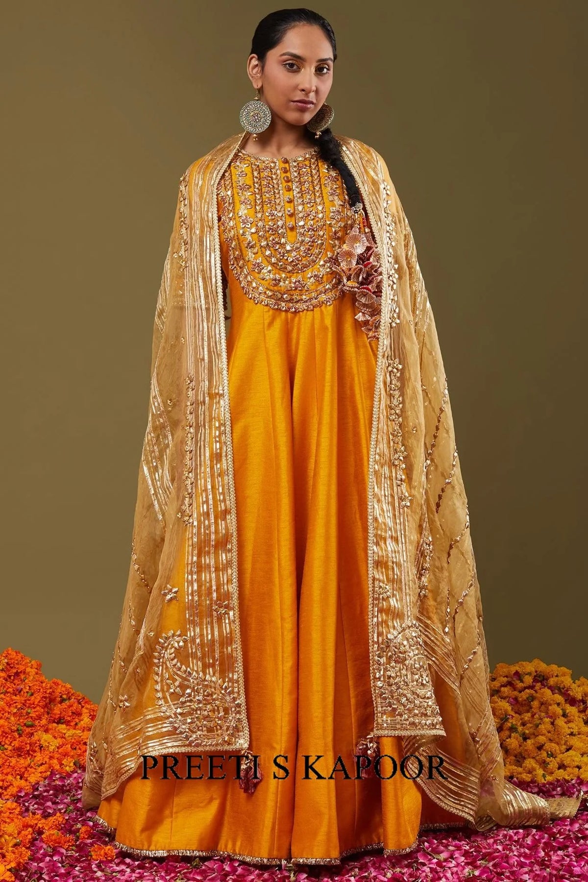 Mustard Yellow Gota Work Embroidered Anarkali Set - Preeti S Kapoor
