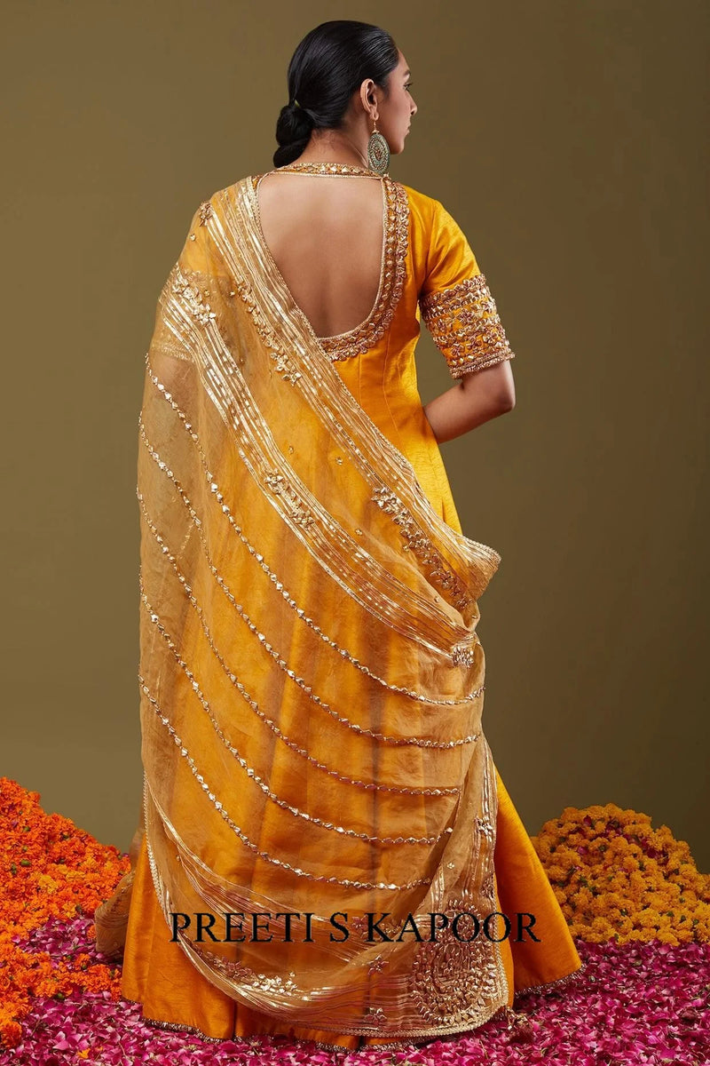 Mustard Yellow Gota Work Embroidered Anarkali Set - Preeti S Kapoor