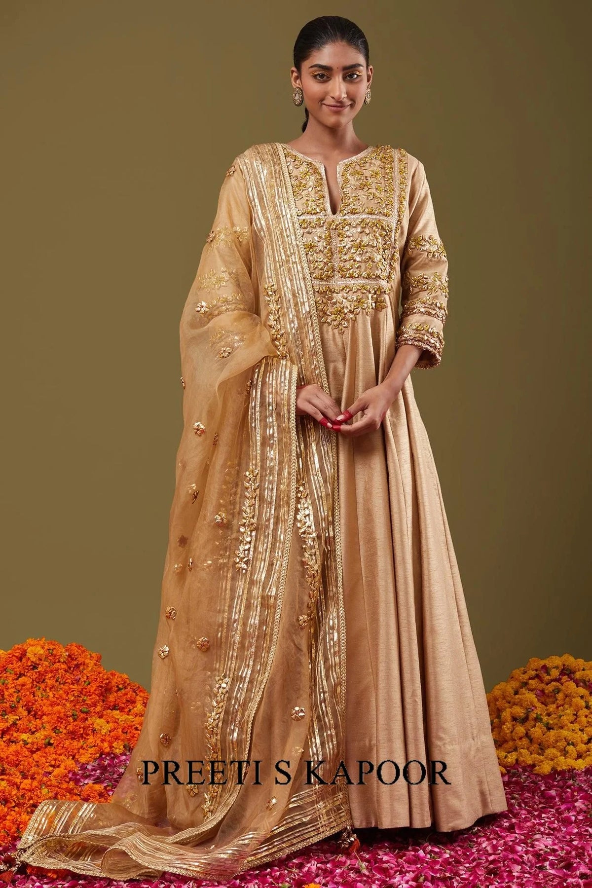 Beige Gota Work Embroidered Anarkali Set - Preeti S Kapoor