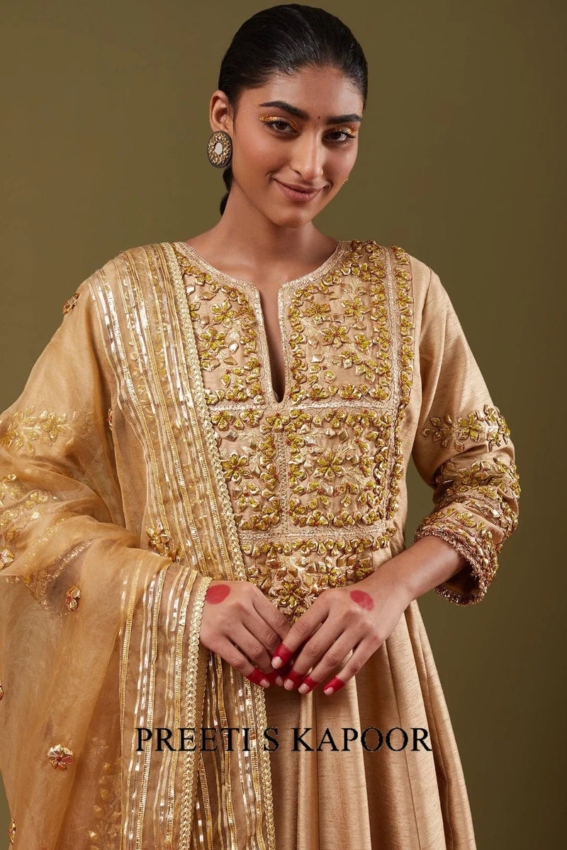 Beige Gota Work Embroidered Anarkali Set - Preeti S Kapoor