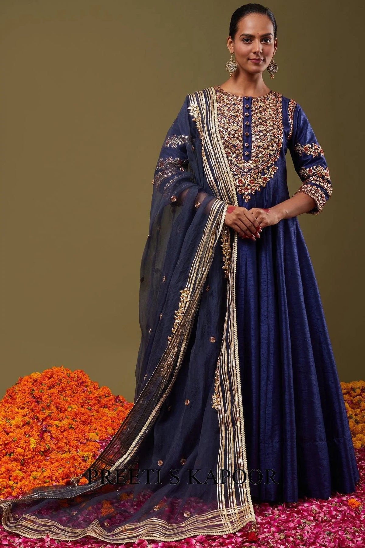 Cobalt Blue Gota Work Embroidered Anarkali Set - Preeti S Kapoor