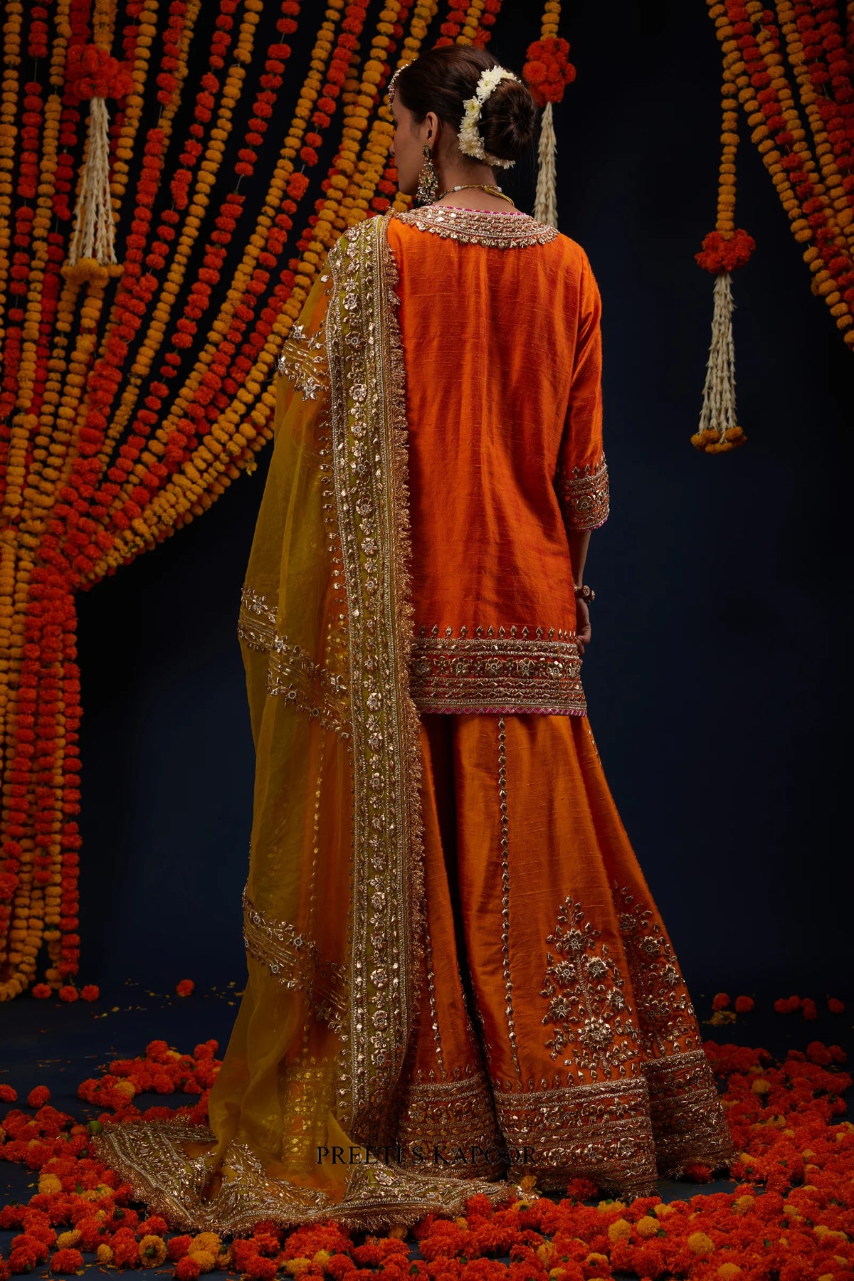 Orange raw silk kurta sharara back view with gold embroidery – Preeti S Kapoor