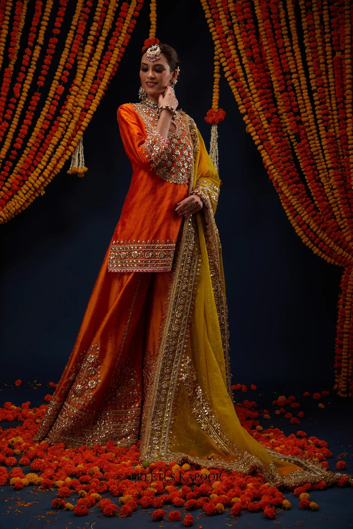 Orange kurta sharara styled with Mustard-Yellow ombre dupatta – Preeti S Kapoor