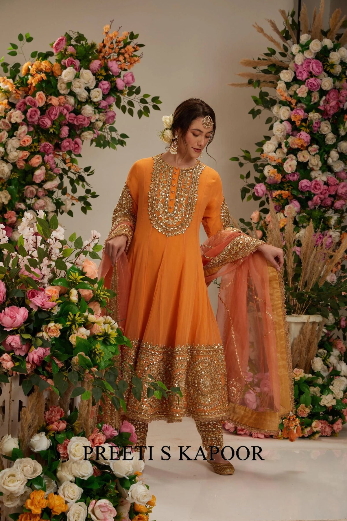 Peach Orange Long anarkali with matching salwar with organza dupatta - Preeti S Kapoor