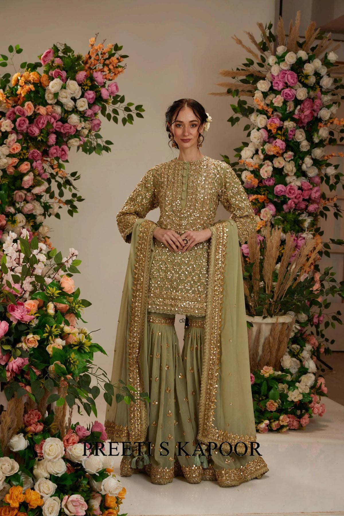 Aqua green kurta with Garara and Dupatta - Preeti S Kapoor
