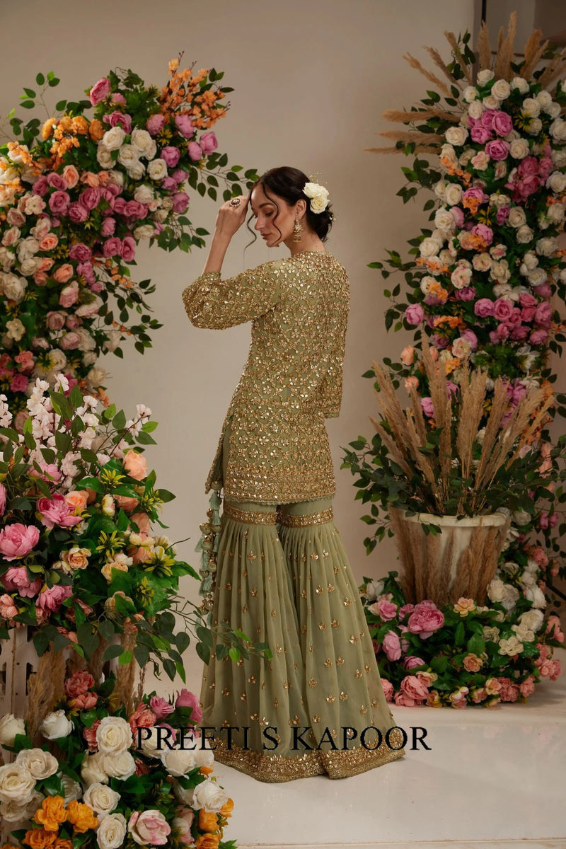 Aqua green kurta with Garara and Dupatta - Preeti S Kapoor