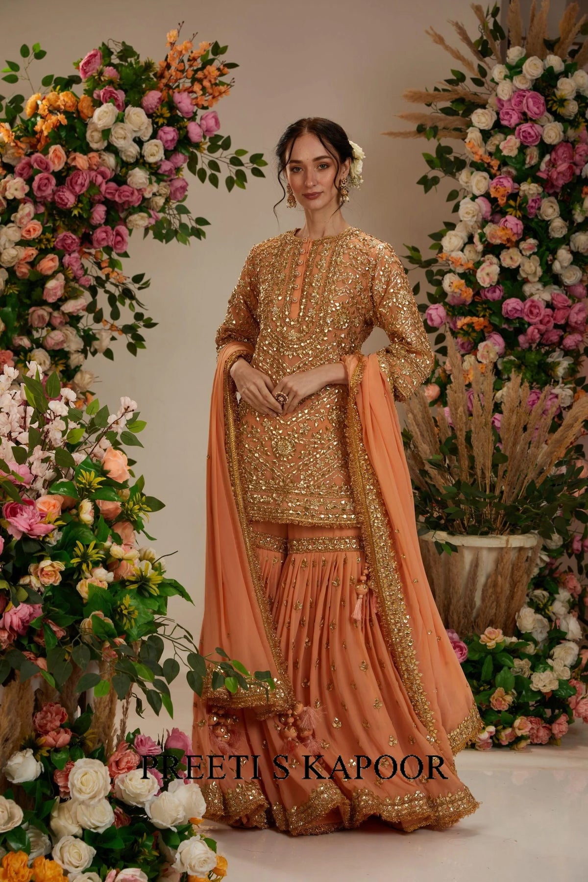 Soft peach short kurta with garara and organza dupatta - Preeti S Kapoor