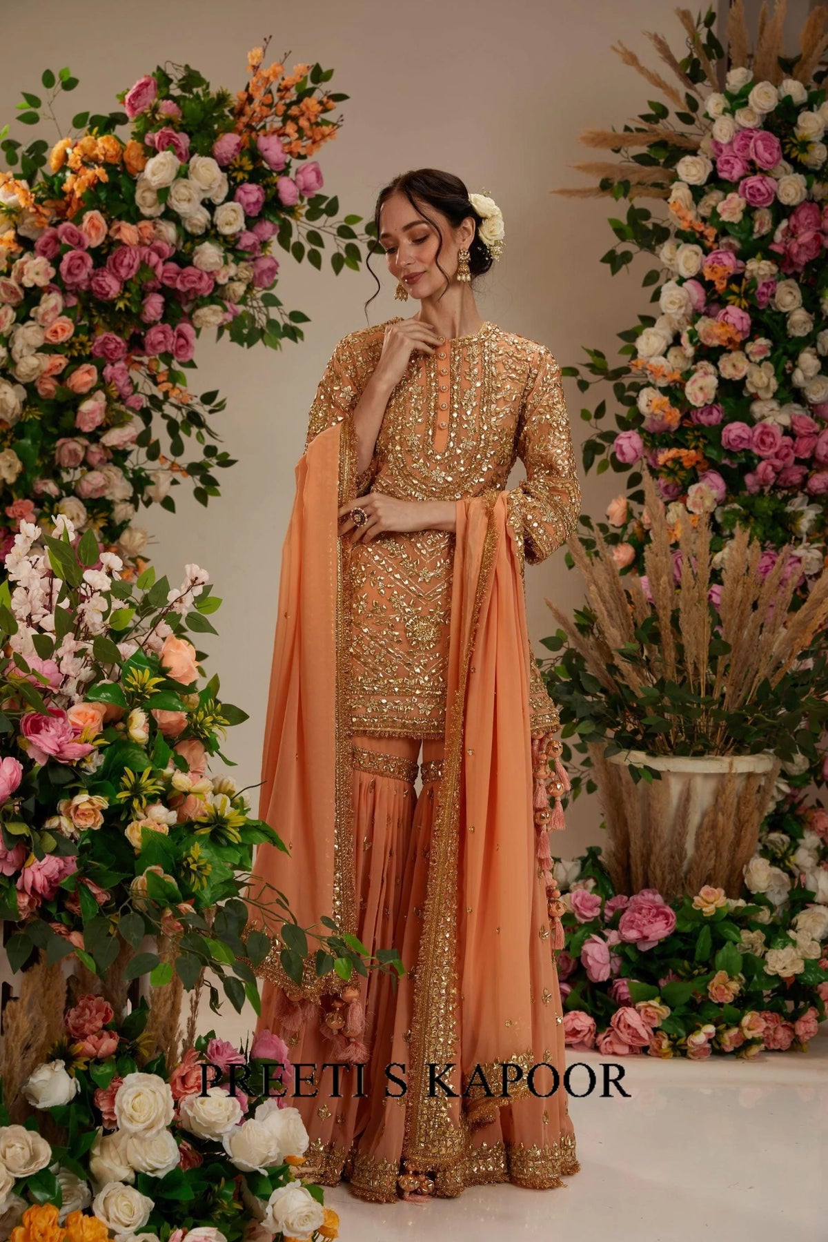 Soft peach short kurta with garara and organza dupatta - Preeti S Kapoor