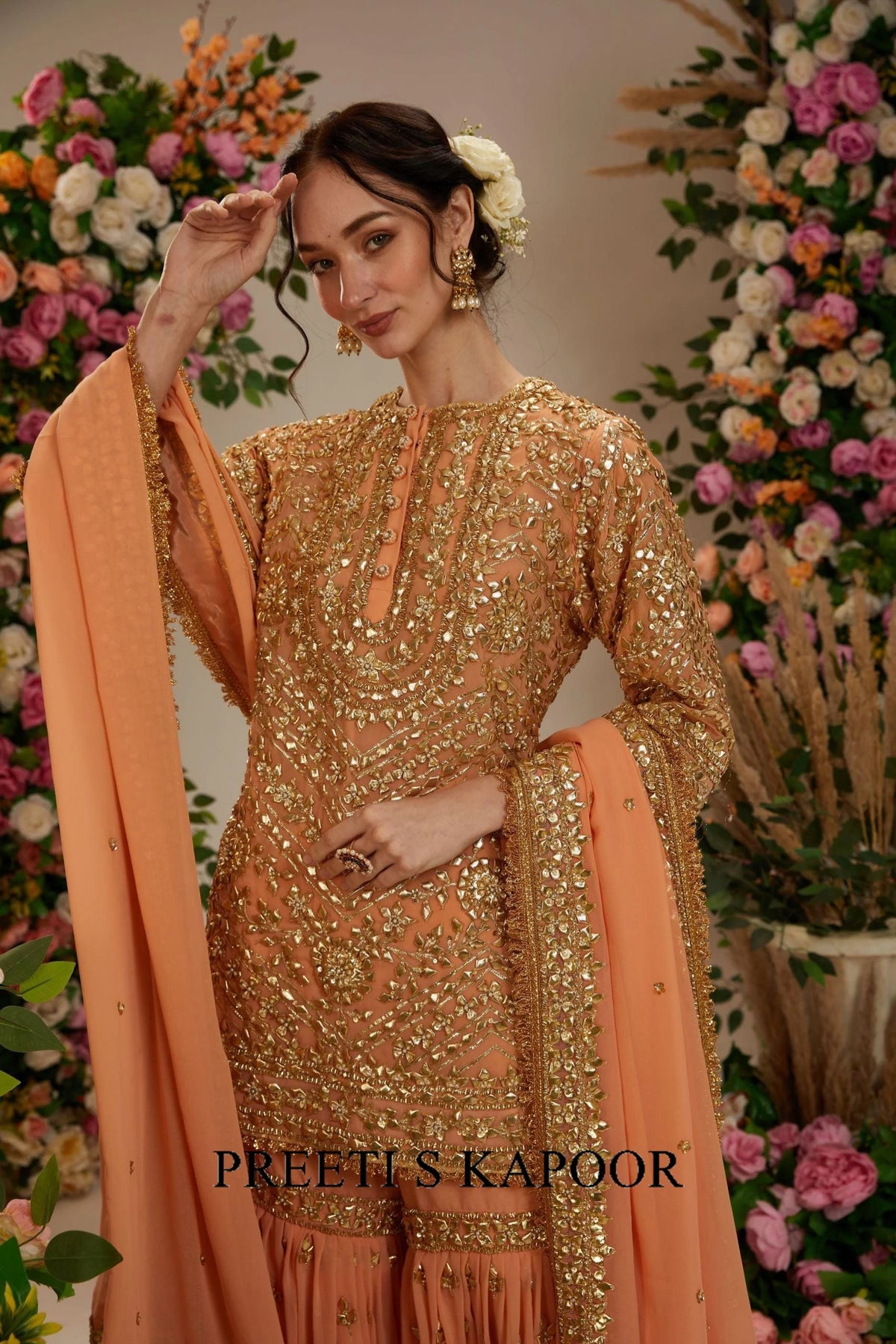 Soft peach short kurta with garara and organza dupatta - Preeti S Kapoor