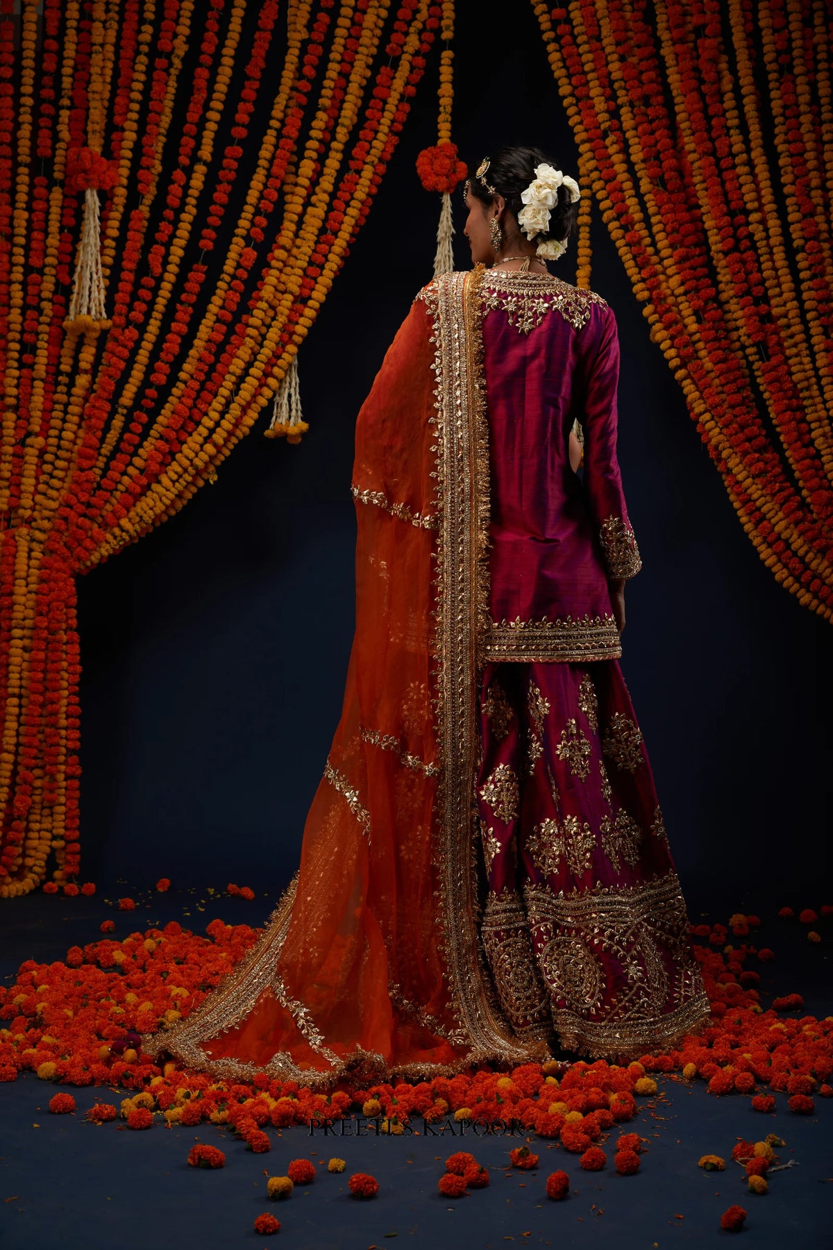 Wine Magenta raw silk kurta sharara back view with dupatta drape – Preeti S Kapoor