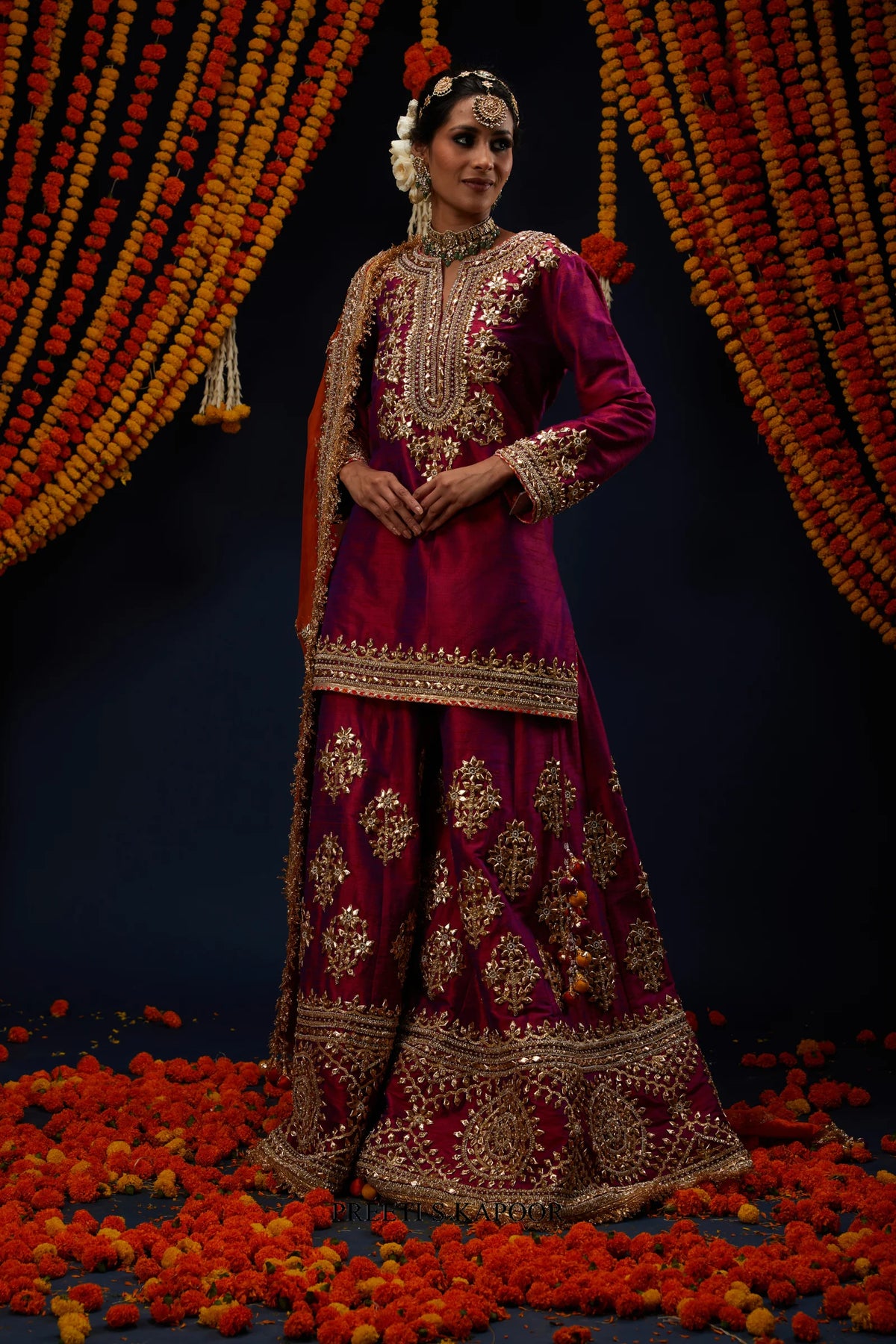 Wine Magenta raw silk kurta sharara with gold embroidered detailing – Preeti S Kapoor