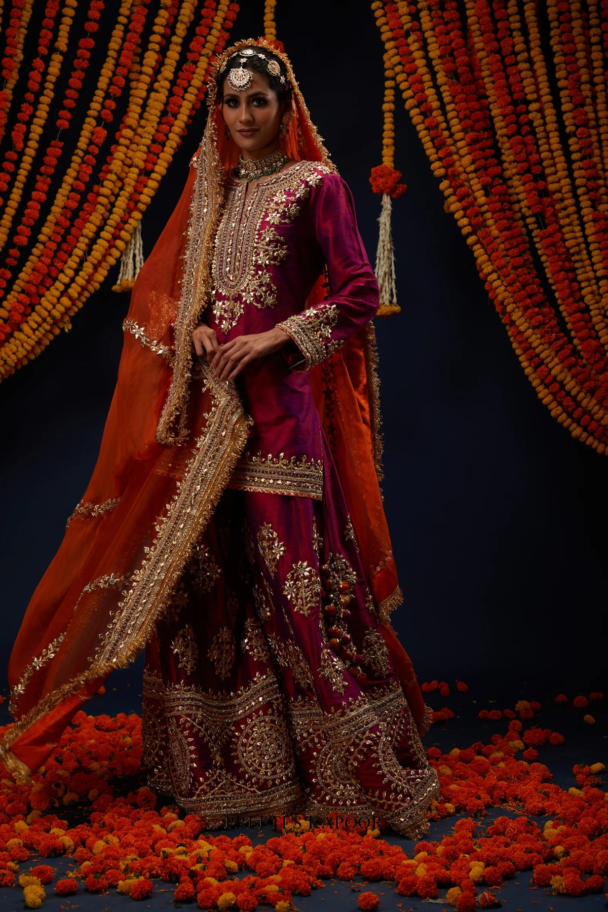 Wine Magenta kurta sharara styled with Rust Orange organza dupatta – Preeti S Kapoor
