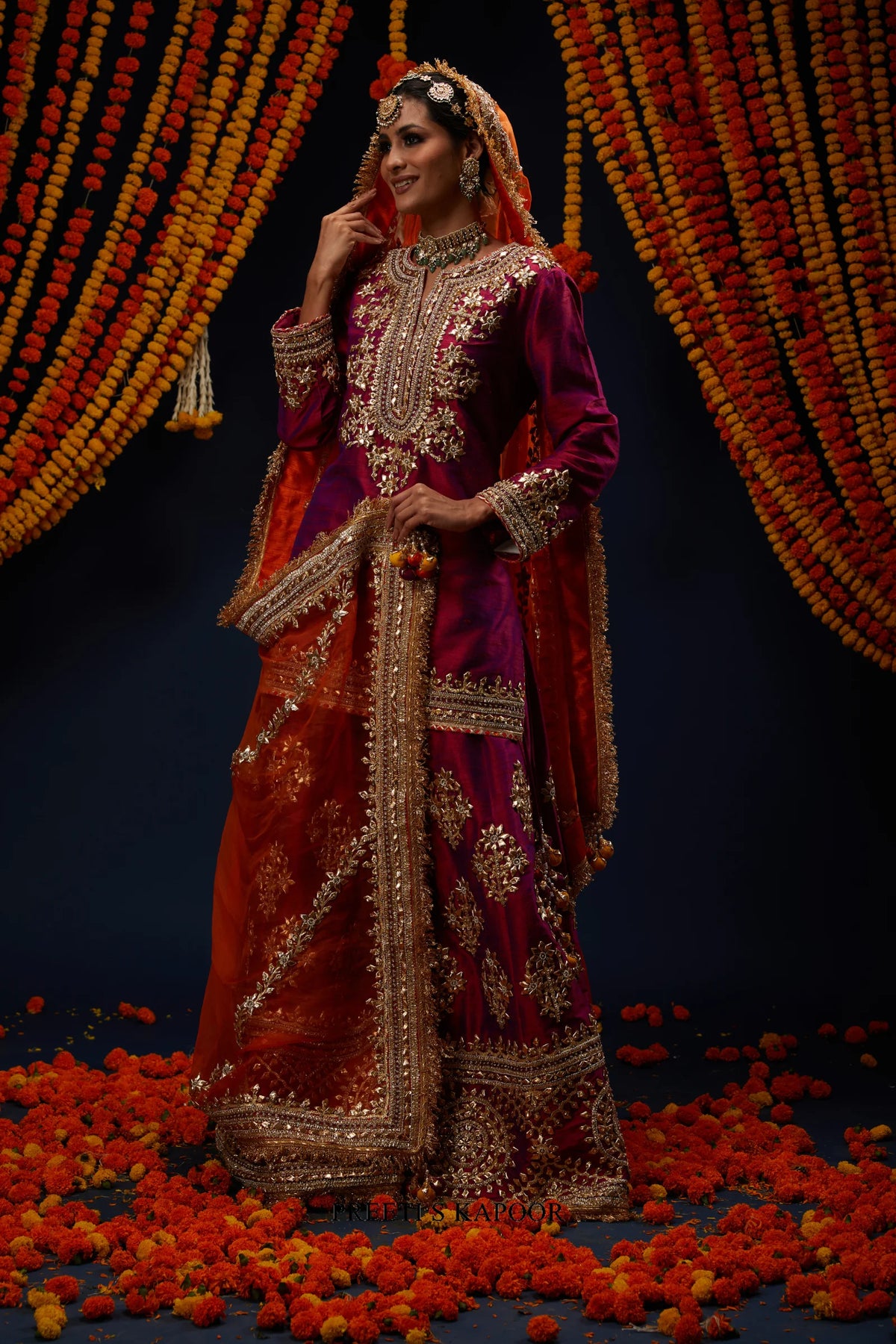 Wine Magenta raw silk bridal kurta sharara with dupatta drape – Preeti S Kapoor