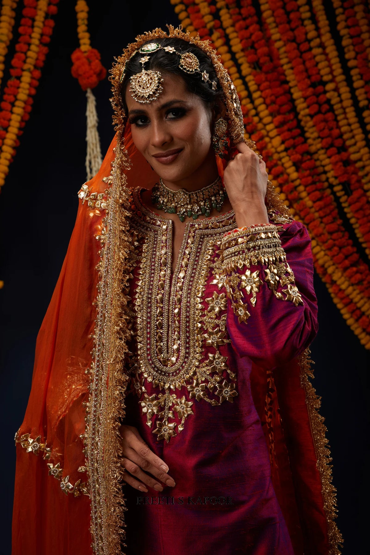 Close-up of Wine Magenta kurta neckline with gold gota embroidery – Preeti S Kapoor