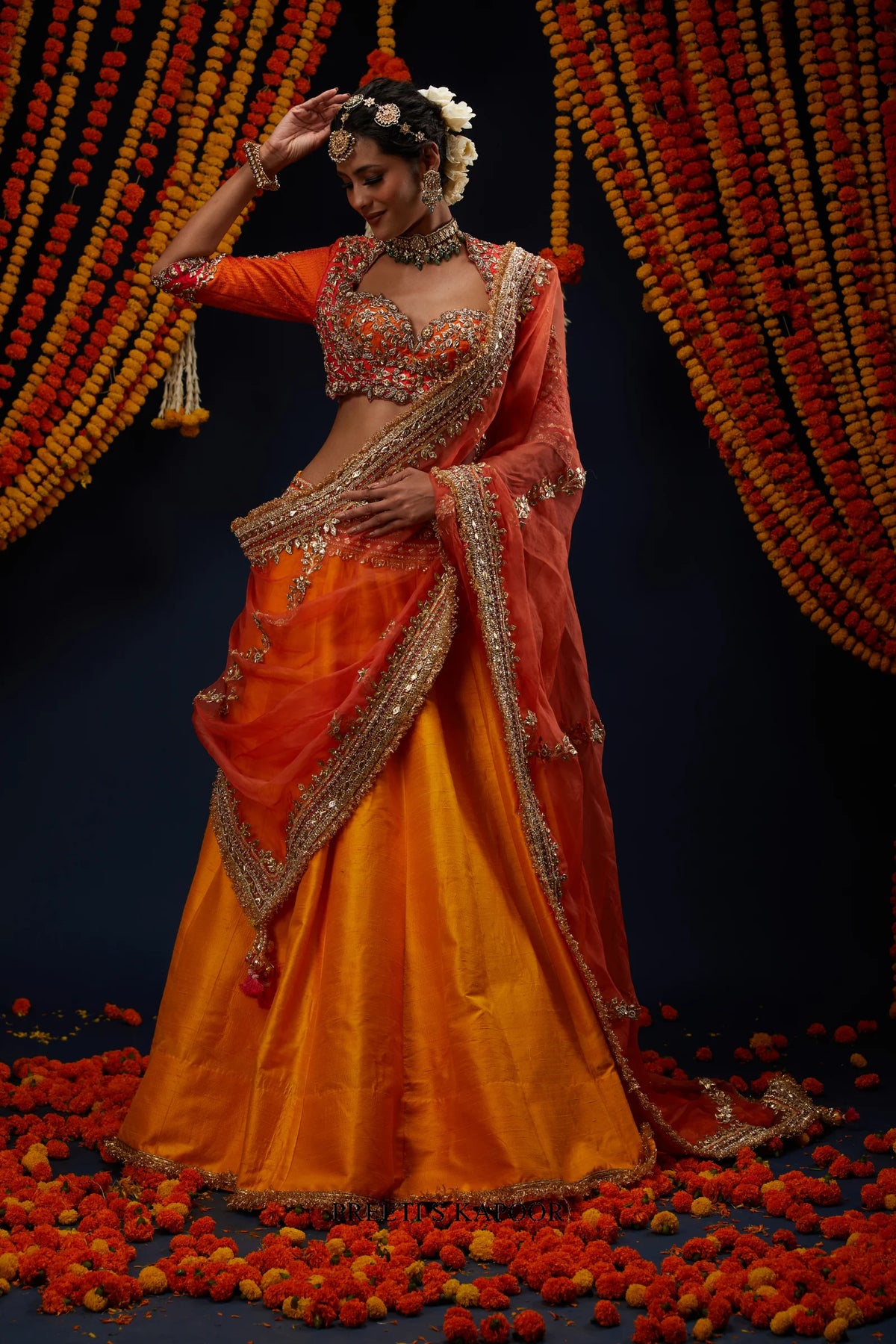Marigold Yellow lehenga styled with Rust Red ombre organza dupatta – Preeti S Kapoor