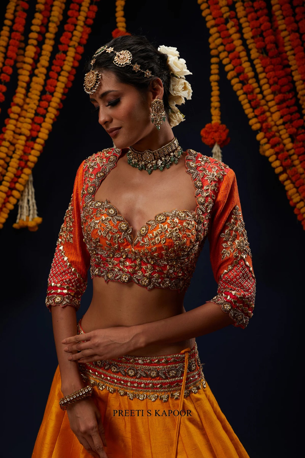 Close-up of Rust Red ombre sweetheart neckline blouse with embroidery – Preeti S Kapoor