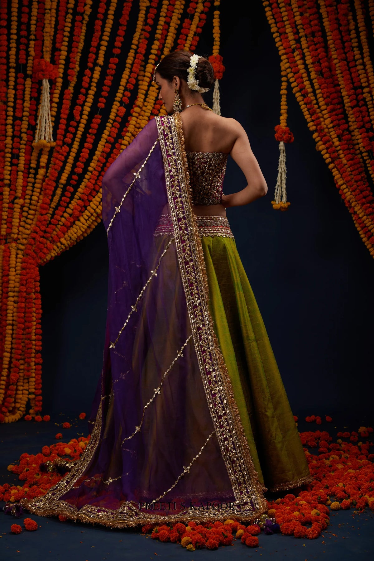 Mehendi Green raw silk lehenga back view with Purple dupatta drape – Preeti S Kapoor