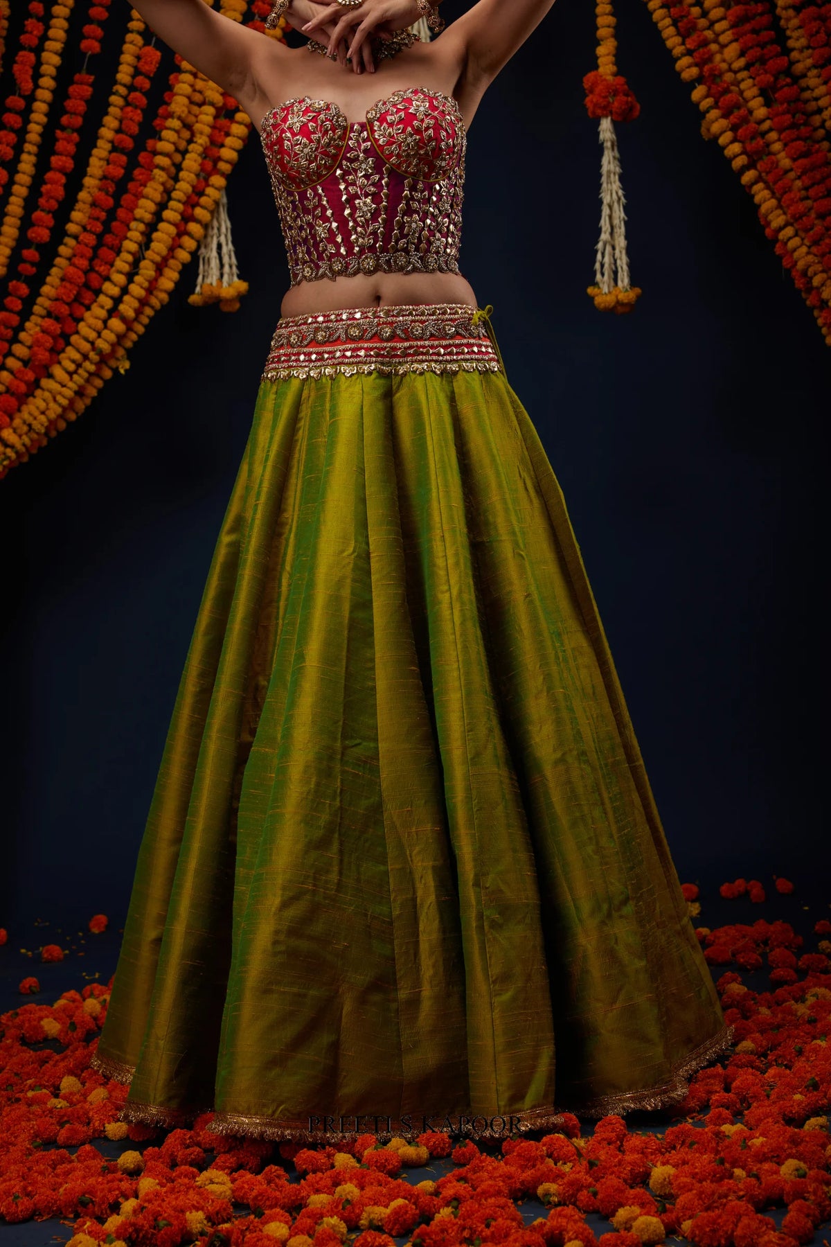 Close-up of Mehendi Green raw silk lehenga with embroidered waistband – Preeti S Kapoor