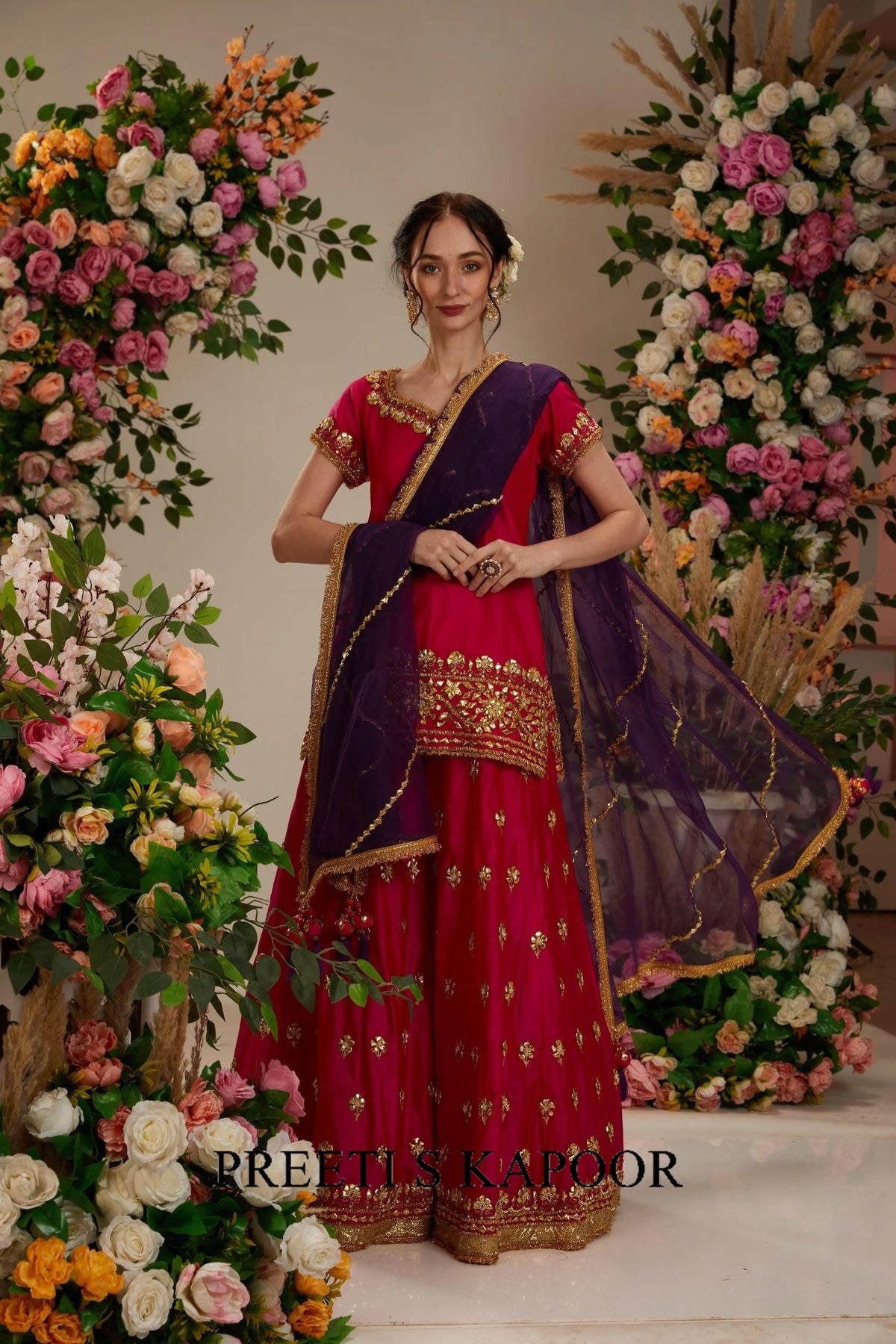 Hot pink Kurta with sharara and organza dupatta - Preeti S Kapoor