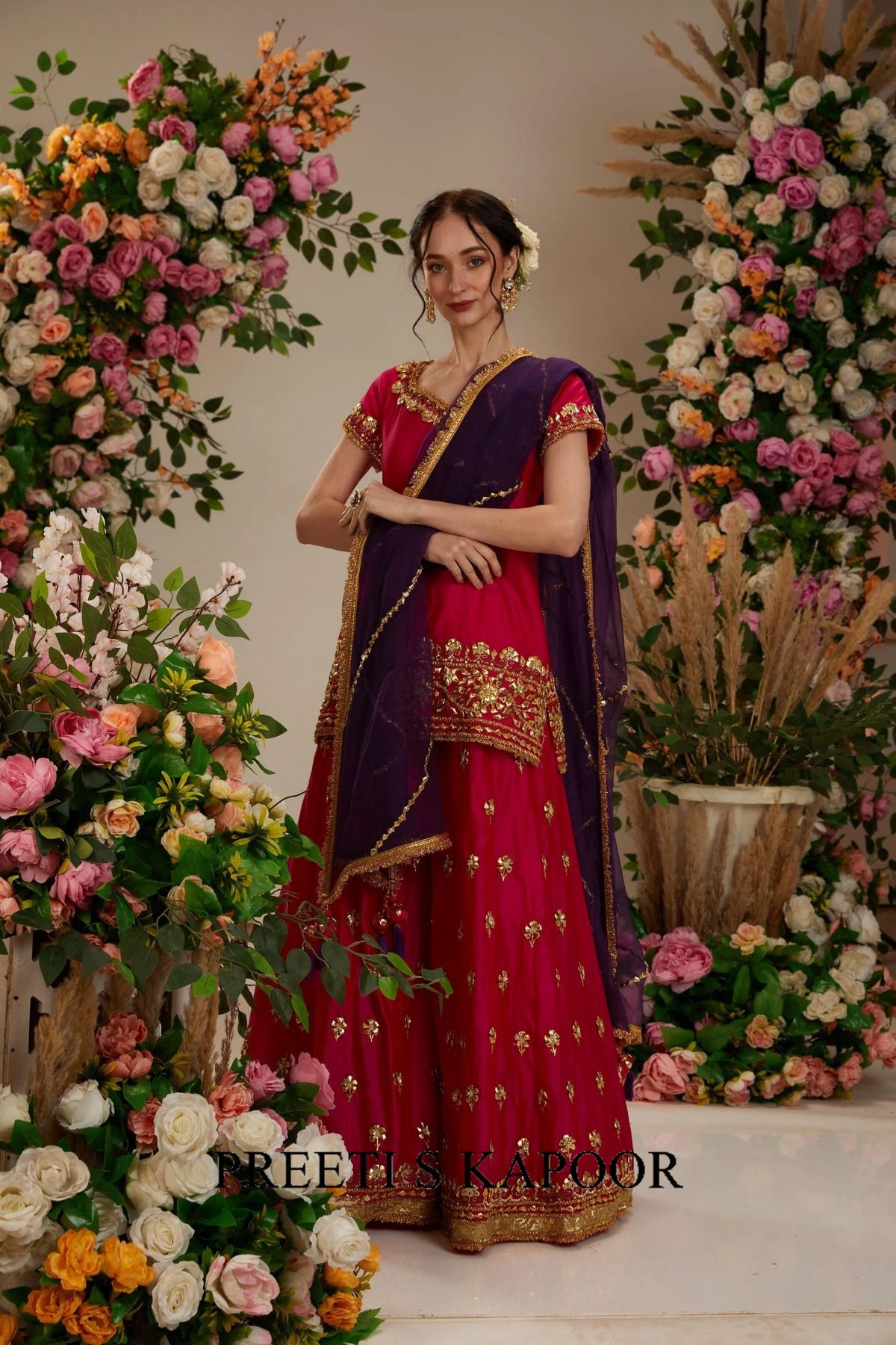 Hot pink Kurta with sharara and organza dupatta - Preeti S Kapoor