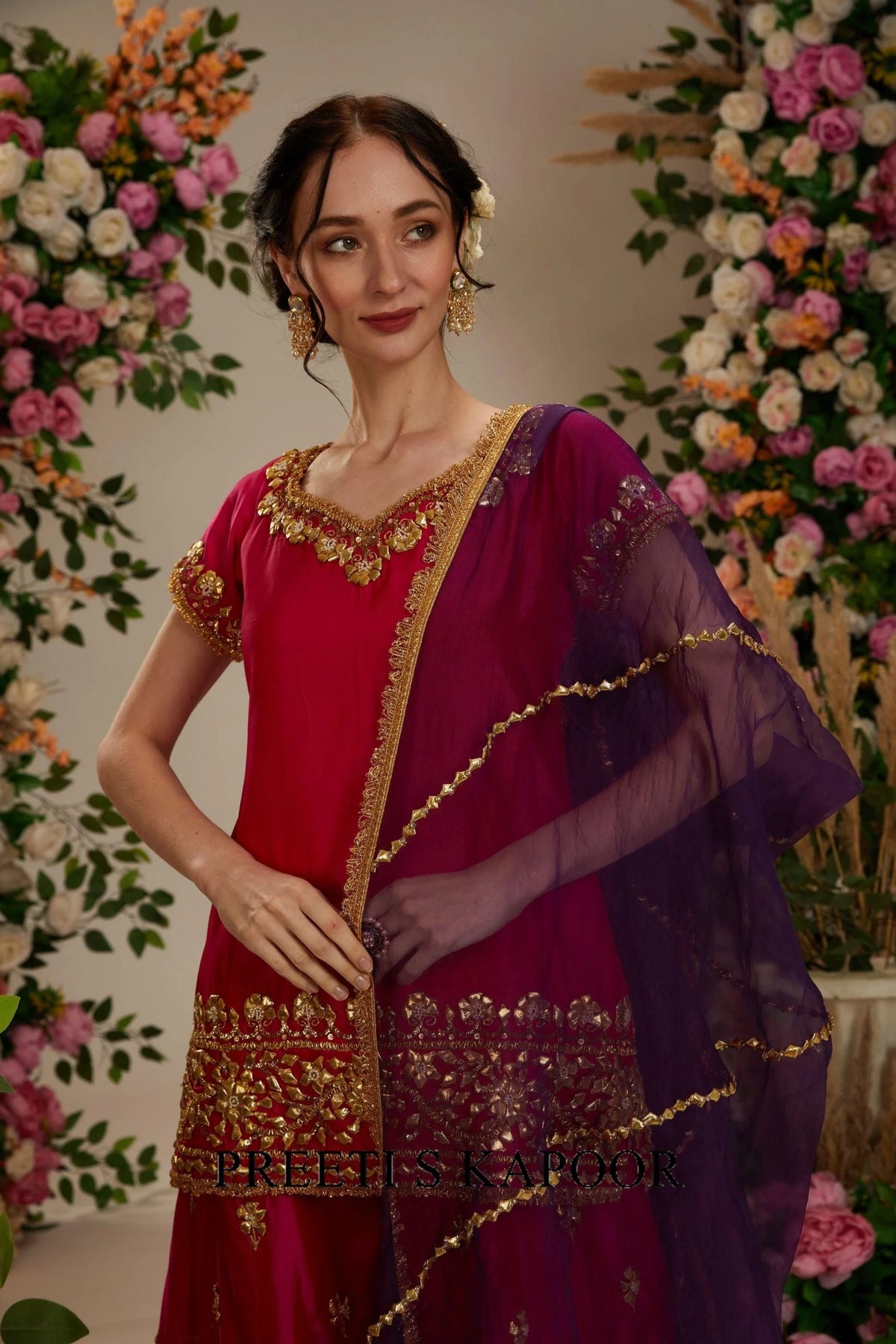 Hot pink Kurta with sharara and organza dupatta - Preeti S Kapoor