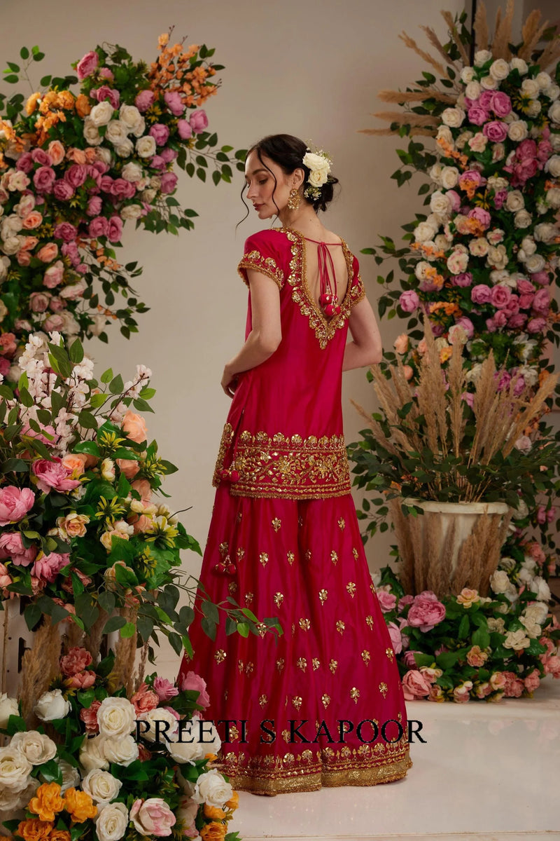 Hot pink Kurta with sharara and organza dupatta - Preeti S Kapoor