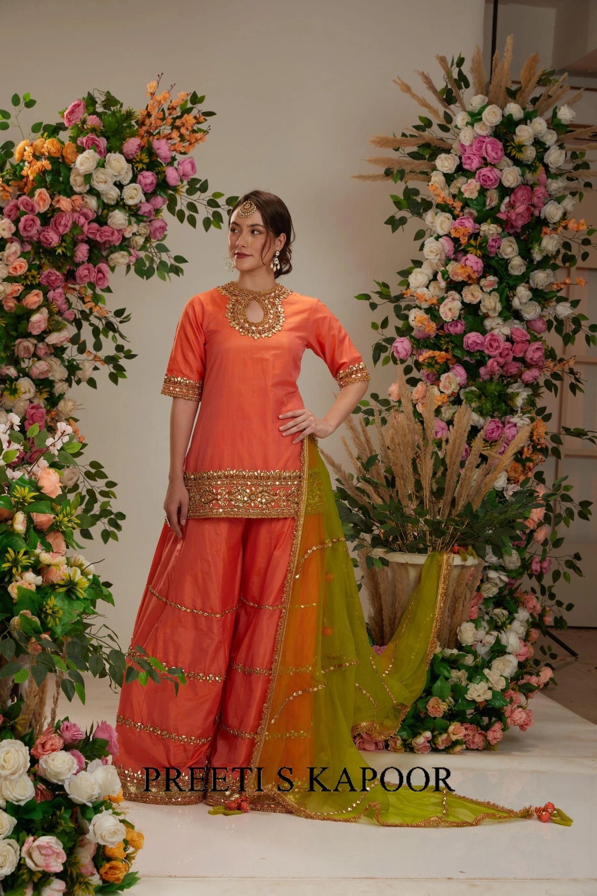 Orange Peach kurta with sharara and Dupatta - Preeti S Kapoor