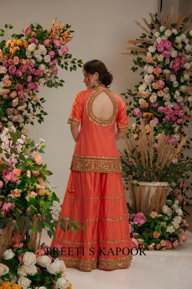 Orange Peach kurta with sharara and Dupatta - Preeti S Kapoor