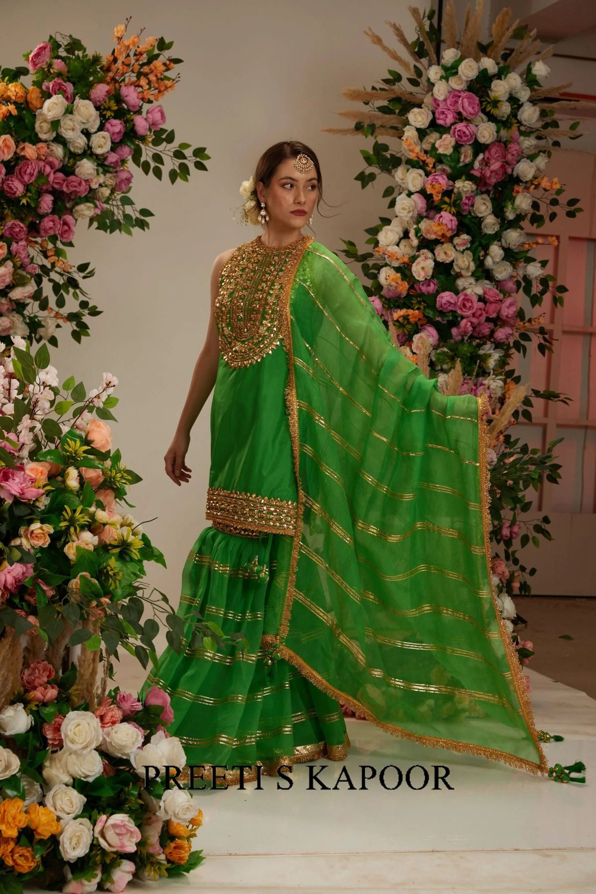Green Gharara Set: Silk Kurta, Lacchi Work Garara & Organza Dupatta - Preeti S Kapoor