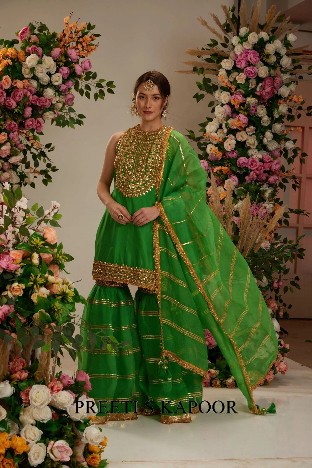 Green Gharara Set: Silk Kurta, Lacchi Work Garara & Organza Dupatta - Preeti S Kapoor