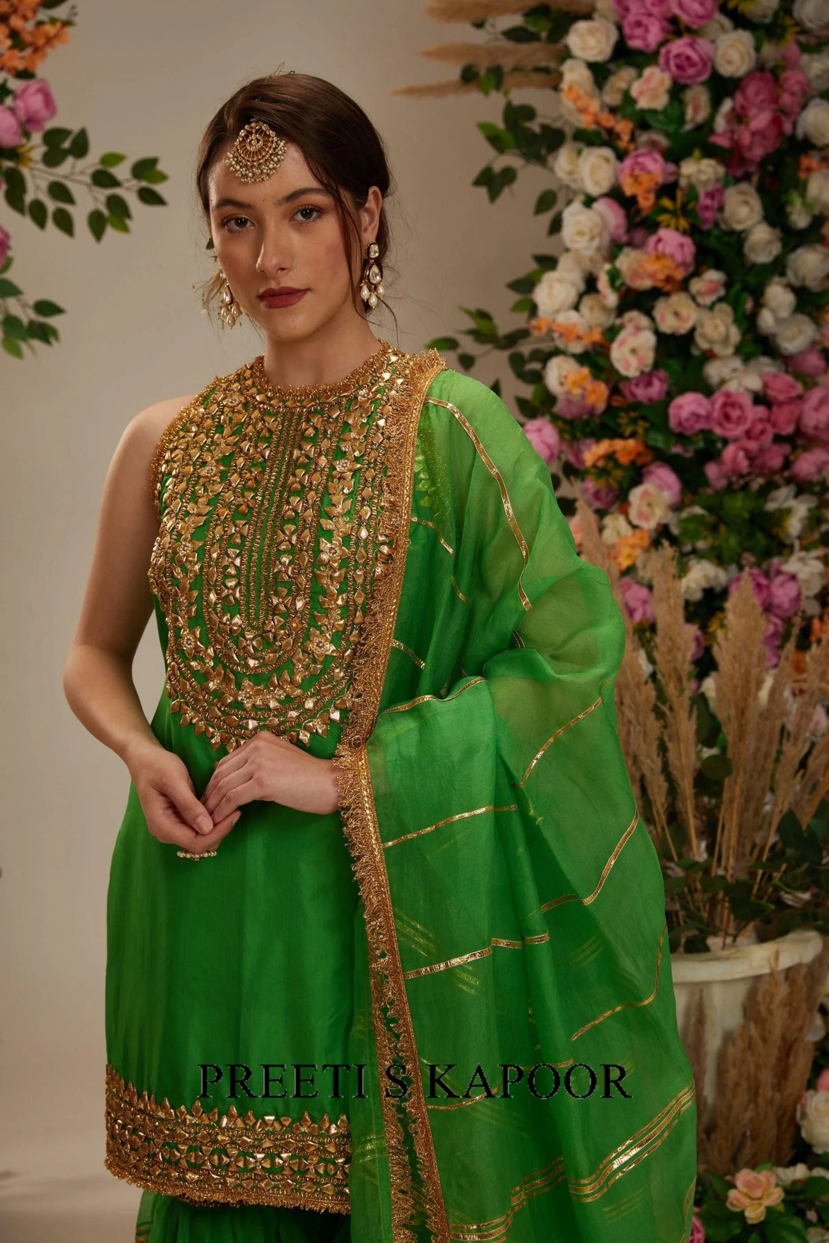 Green Gharara Set: Silk Kurta, Lacchi Work Garara & Organza Dupatta - Preeti S Kapoor