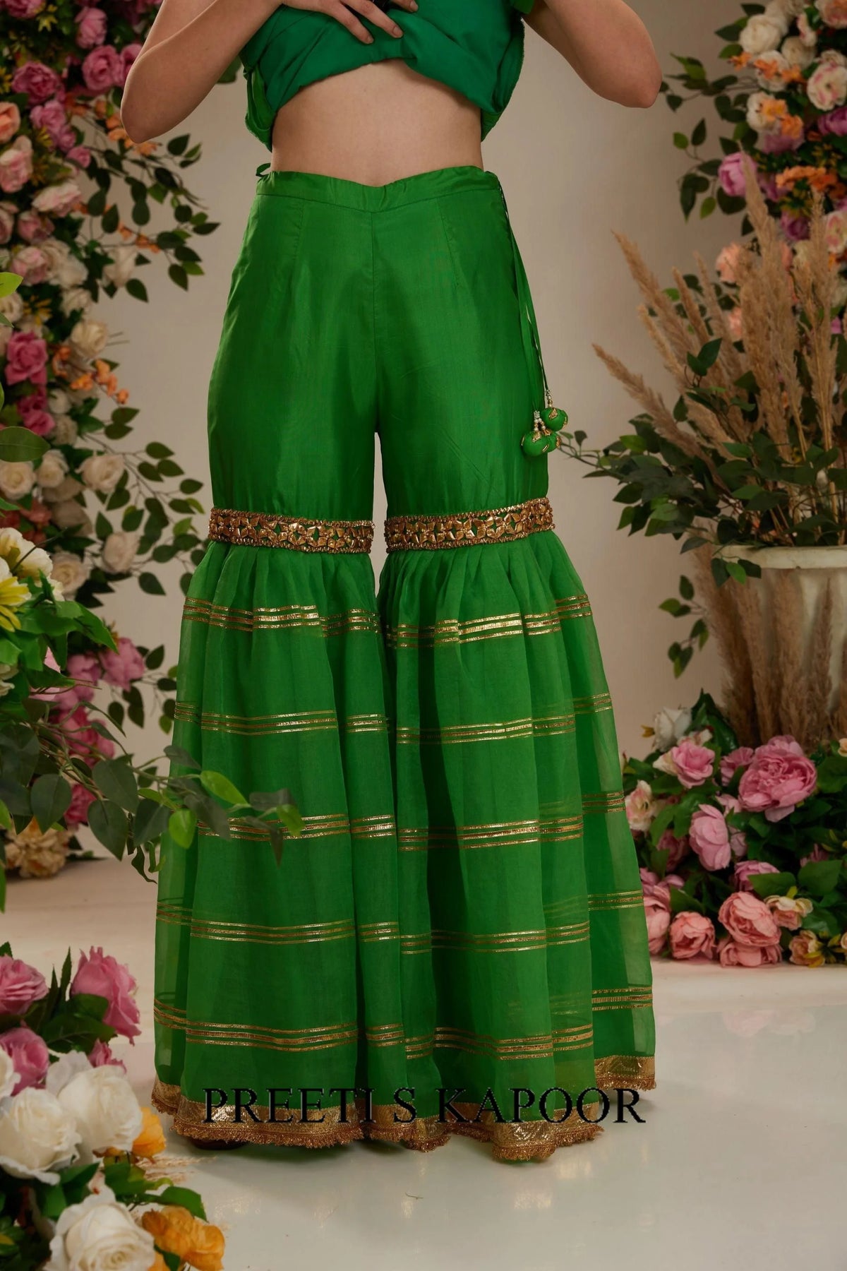 Green Gharara Set: Silk Kurta, Lacchi Work Garara & Organza Dupatta - Preeti S Kapoor
