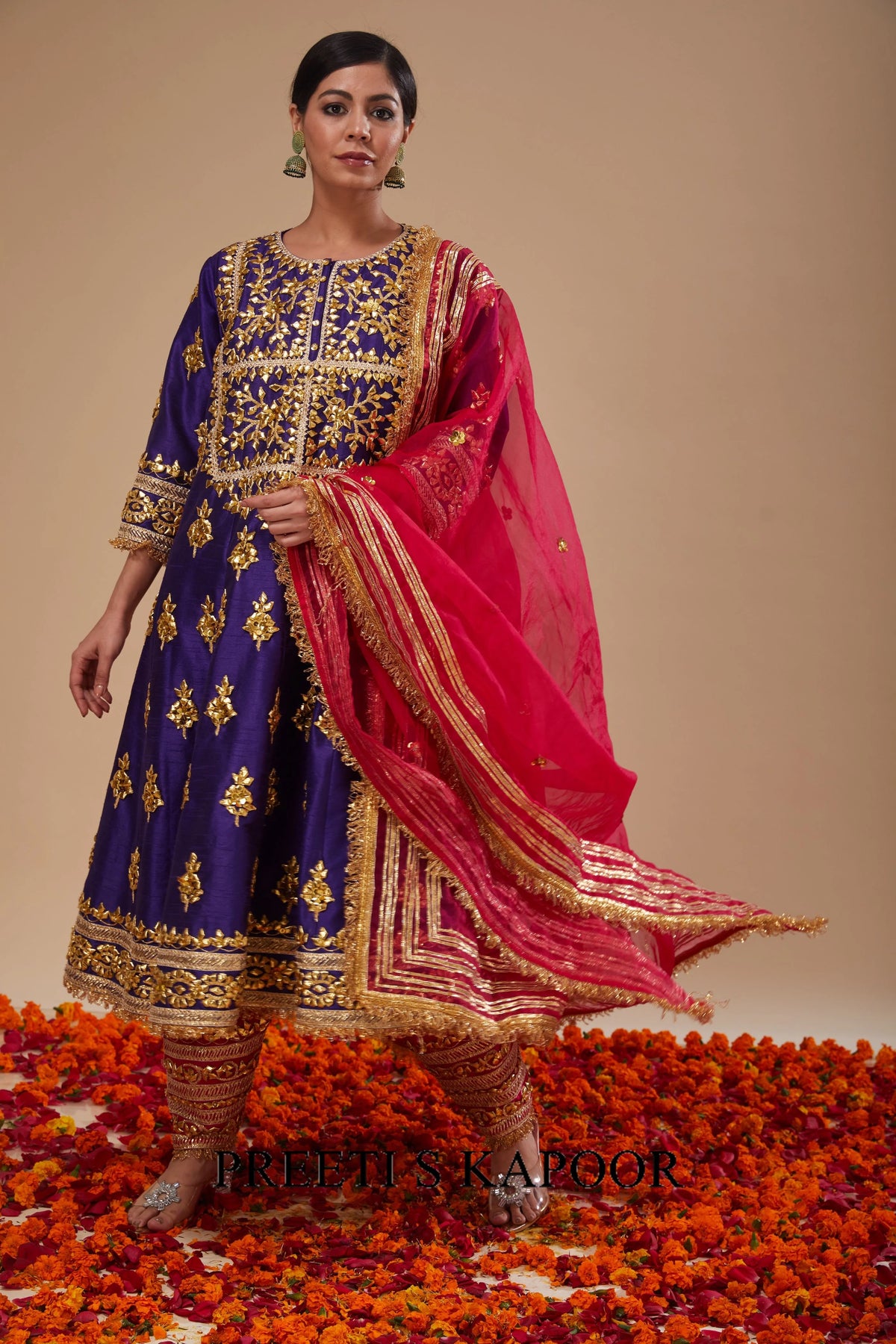 Midnight Blue Long Anarkali with Salwar and Red Dupatta - Preeti S Kapoor
