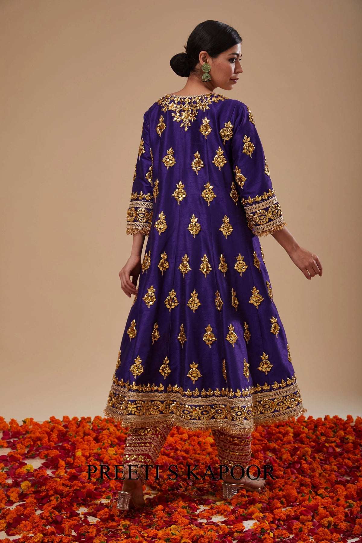 Midnight Blue Long Anarkali with Salwar and Red Dupatta - Preeti S Kapoor