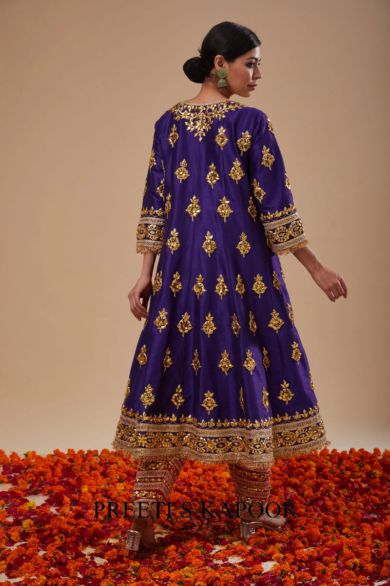 Midnight Blue Long Anarkali with Salwar and Red Dupatta - Preeti S Kapoor