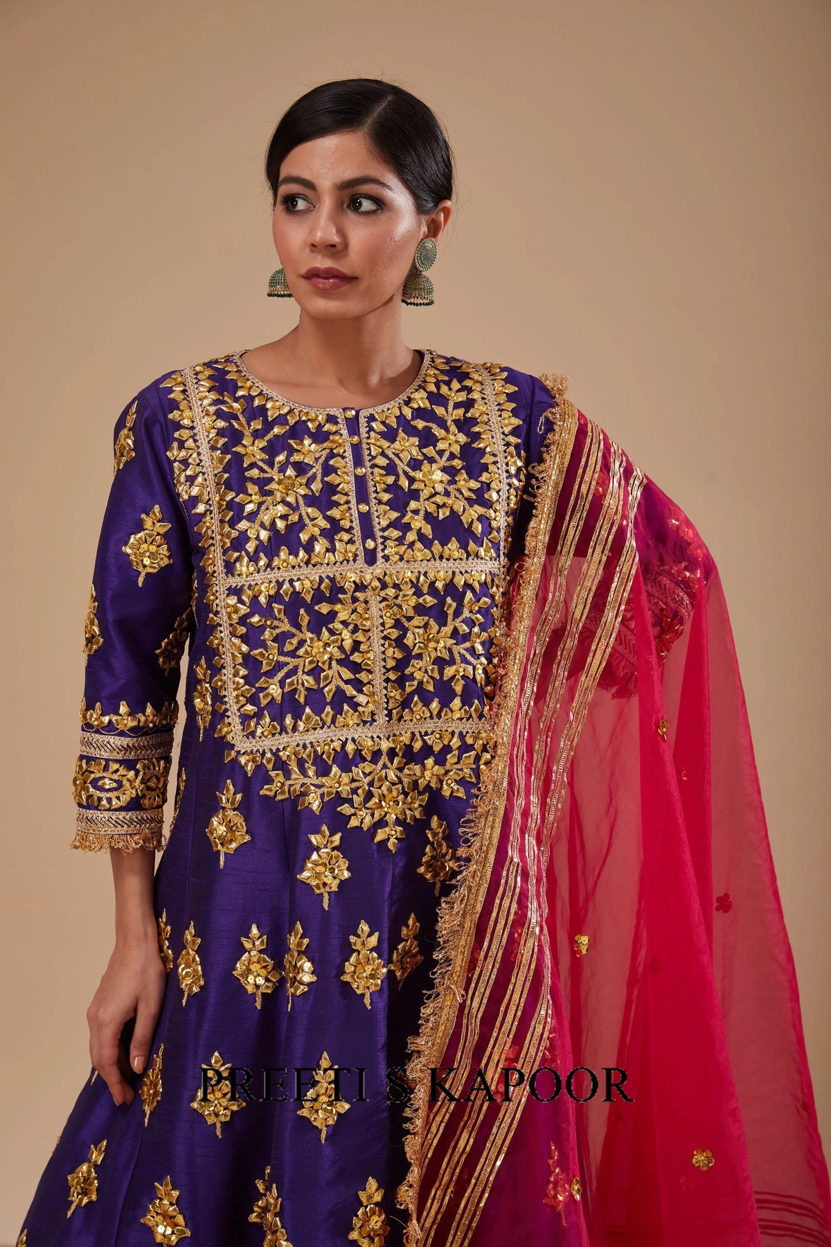 Midnight Blue Long Anarkali with Salwar and Red Dupatta - Preeti S Kapoor