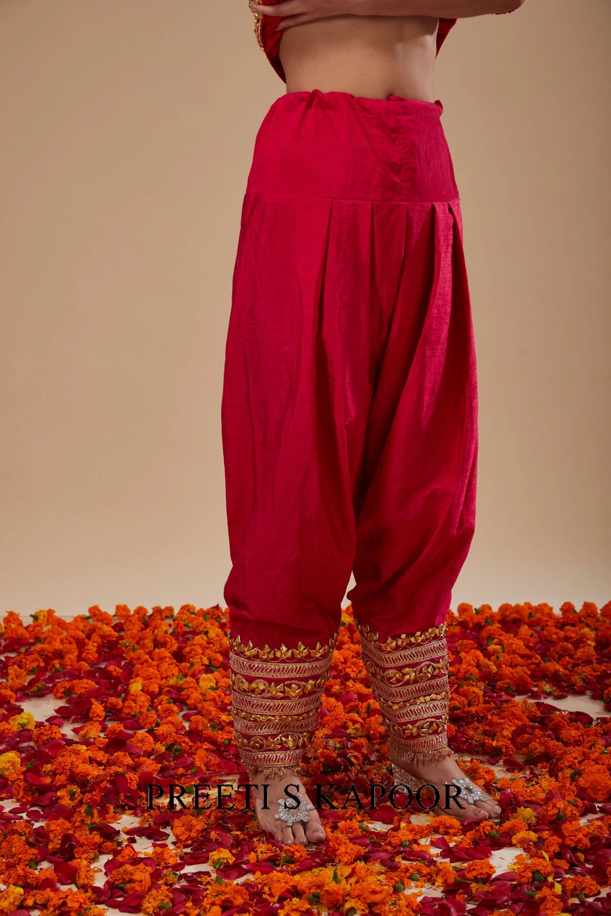 Midnight Blue Long Anarkali with Salwar and Red Dupatta - Preeti S Kapoor